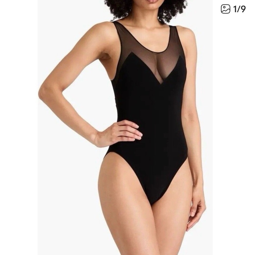 Norma Kamali Black One-Piece Swimsuit Racer Deep-V Combo Mio Sz S New Mesh Swim